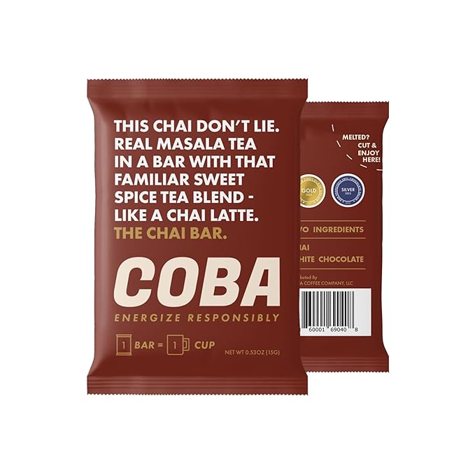 COBA Caffeinated Coffee Chocolate [1 Bar = 1 Cup of Chai] - Energy Boost, Portable, All Natural Caffeine for Gym, Travel, Daily Use - Gluten Free, Non GMO (8 Pack, Chai)