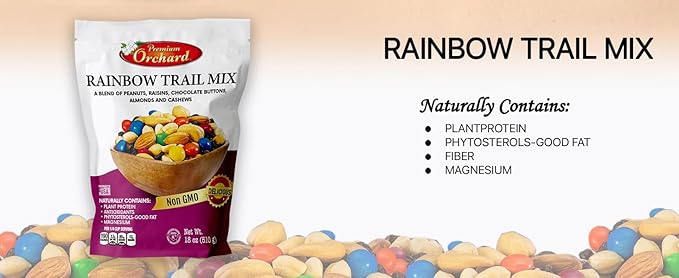 MIXED NUTS Rainbow Trail Mix by Premium Orchard - Healthy Trail Mix Variety Pack Peanuts Raisins Cashews Almonds Chocolate Buttons Heart Healthy Snacks for Adults and Kids Snacks