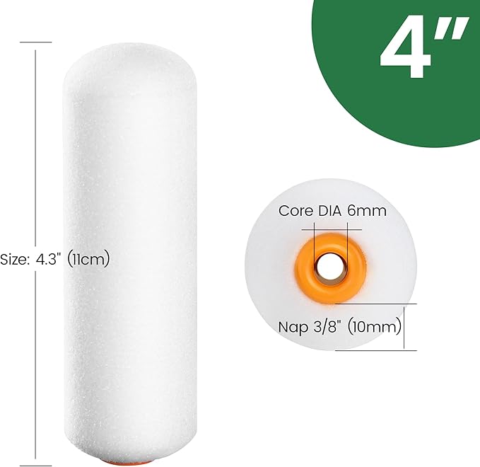 VOOMEY Mini Paint Roller,Small Paint Roller,4-Inch Foam Paint Roller with Foam-Covered Ends,10 Pack 4 Inch Small Paint Roller Covers,Roller Paint for Painting Walls,Cabinets,Corner,Cupboards,Doors