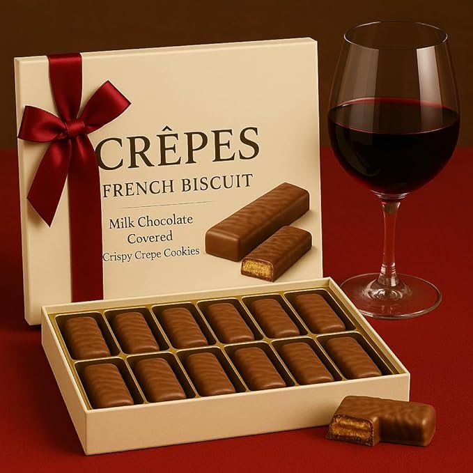 Luxury Crepes French Biscuit Gift Box, Milk Chocolate Covered Crispy Crepe Cookies – European Gourmet Chocolate Biscuits in Elegant Gift Packaging, 19.36 oz – Valentines Chocolate & Christmas Gift Box.Package May Vary