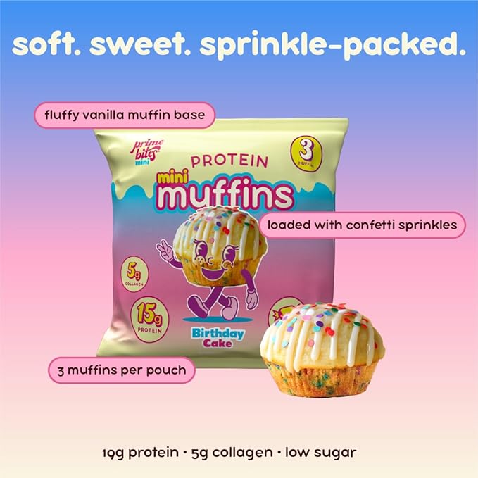 Prime Bites Minis - High Protein Muffin (12 Per Box, Birthday Cake) - 15g of Protein, 5g of Collagen, Gluten Free, Low Sugar Treat, Delicious Protein Snack