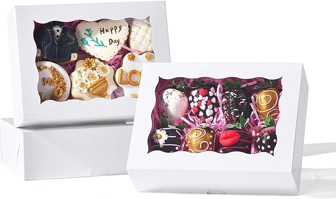50PCS 8x6x2.5 Inch White Bakery Boxes with Window, Pastry Box for Chocolate Strawberries, Macarons, Truffles, Perfect for Valentine's Day, Mother's Day, Christmas Party Favors & Holiday