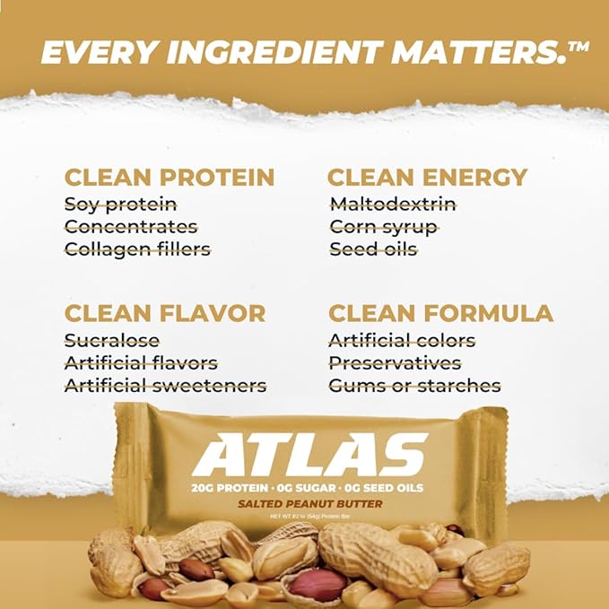 Atlas Real Food Protein Bar – 20g Clean Protein, 0g Sugar, No Seed Oils, No Artificial Sweeteners (Salted Peanut Butter, 36 Count)