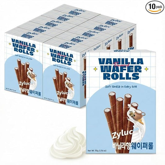 Zyluc Vanilla Wafer Rolls – Crispy Cream-Filled Cookies, Vanilla-Flavored Snack, Portion-Controlled 200 Cal Treat, No Cholesterol or Trans Fat, Premium Dessert Pack, 50g x 10 Boxes