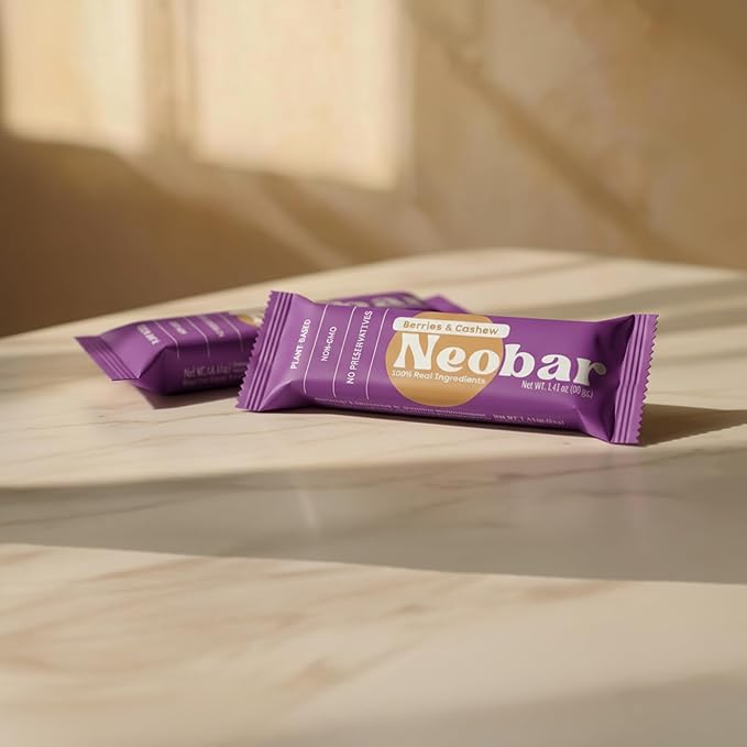 NEOBAR Fruit and Nut Bars - Plant-Based Vegan Snack Bars, Gluten Free Dairy Free Snacks, No Added Sugar, No Preservatives, Non-GMO | Berries & Cashew,12 Count