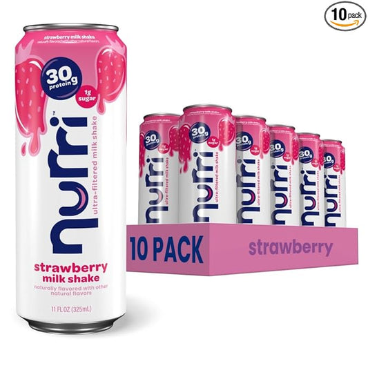 Nurri - 30g Protein Ultra Filtered Milk Shake – Strawberry - Lactose Free, Low Sugar, 150 Calories, 10 Vitamins and Minerals - 11 fl oz, 10 Cans