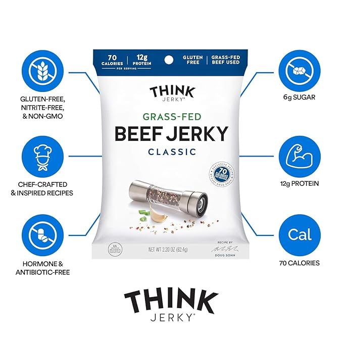 Think Jerky Classic Beef Jerky, Grass-Fed High Protein Beef Jerky, Gluten Free, No Antibiotics or Nitrates, Healthy Chef Crafted Recipe, Low Calorie and Low Fat - 2.2 oz Bags, 4 Pack