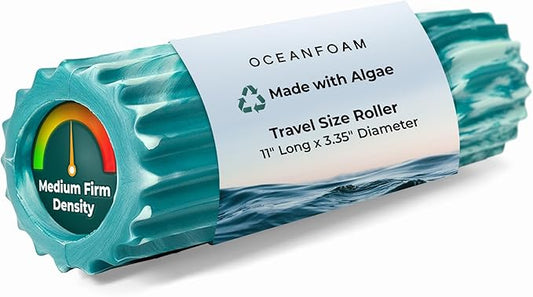 Oceanfoam Ripple Travel Foam Roller (11" x 3.35") Firm Mini Foam Roller for Physical Therapy, Deep Tissue Massage, Back Pain - High Density, Wave Textured - Yoga, Exercise (Jade & Seafoam Marbled)