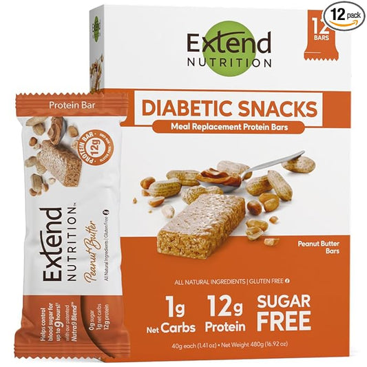 Extend Sugar Free Protein Bars, Perfect Diabetic Snacks, High Protein and Fiber, Hunger Control & Steady Energy, Low Carb, Keto Friendly (Peanut Butter)