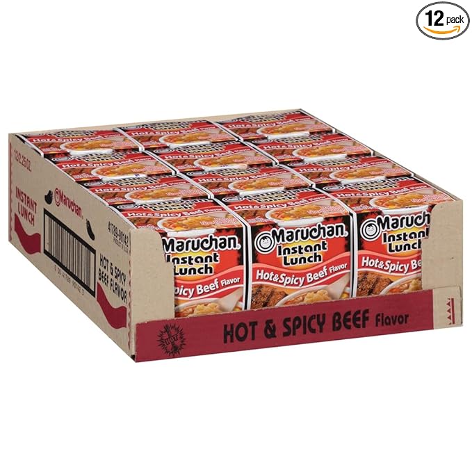 Maruchan Instant Lunch Ramen Noodles, Hot & Spicy Beef Flavor – Japanese-Style Instant Noodle Soup, Quick & Easy Meal – 2.25 Oz Cup, Pack of 12