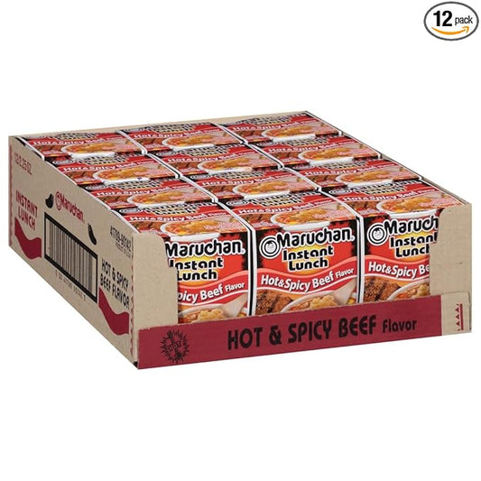 Maruchan Instant Lunch Ramen Noodles, Hot & Spicy Beef Flavor – Japanese-Style Instant Noodle Soup, Quick & Easy Meal – 2.25 Oz Cup, Pack of 12