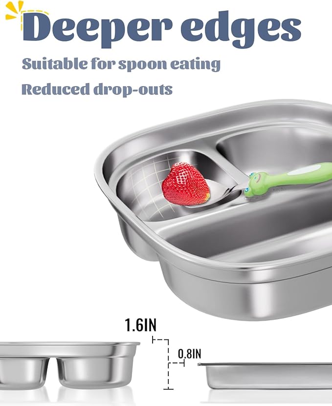 Stainless Steel Divided Plate for Kids Toddler, Non Toxic Portion Control Plate Dinner Plate with Lid for Adults Weight Loss, 2 Pack 3 Sections Square Snack Plate Tray