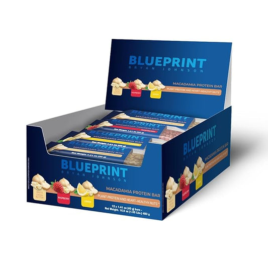 Blueprint Bryan Johnson Macadamia Nut Protein Bars – Variety Pack Protein Bars - Lemon, White Cocoa & Raspberry – Vegan, Low Sugar, Keto-Friendly Snacks – Non-GMO, Raw Nut Bar– 9g Protein – 12 Pack