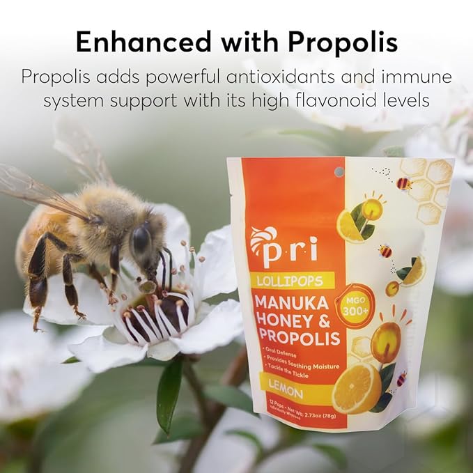 P.R.I Manuka Honey Lollipops with Propolis, Certified MGO 300+ - Throat Soothing, Lemon Flavor, (24 Lollipops, 5.46oz)