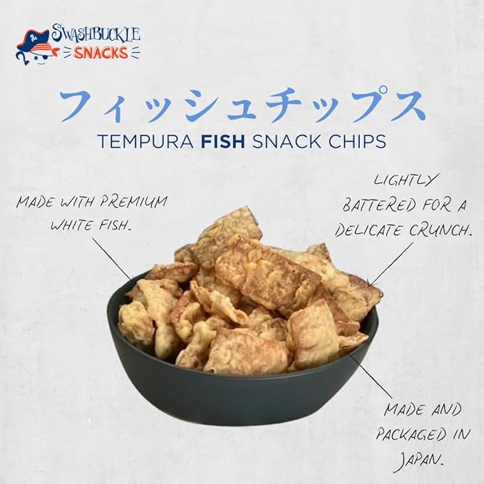 Crispy Tempura Fish Chips Garlic and Sesame Flavor 5.29oz (150g), Made in Japan by Swashbuckle Snacks