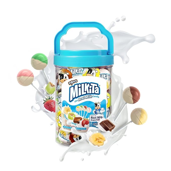 Milkita The Real Milk Candy Lollipop Jar – Low-Sugar, Assorted Healthy Sweets with Real Milk for Kids & Adults – Fat Free & Gluten Free Candy with Calcium for Everyday Indulgence (45 Count Jar)