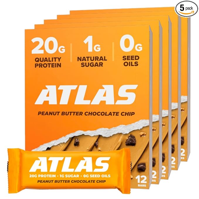 Atlas Real Food Protein Bar – 20g Clean Protein, 1g Sugar, No Seed Oils, No Artificial Sweeteners (Peanut Butter Chocolate Chip, 60 Count)