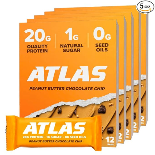 Atlas Real Food Protein Bar – 20g Clean Protein, 1g Sugar, No Seed Oils, No Artificial Sweeteners (Peanut Butter Chocolate Chip, 60 Count)
