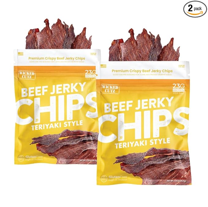 Wicked Cutz Teriyaki Beef Jerky Chips, 14g Protein per Bag, Crispy & Crunchy Beef Jerky Crisps, USA Made Flavored Chips, High Protein Snacks (2 Bags)