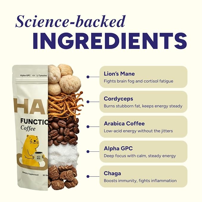 Jitters-free Mushroom Coffee Made in USA - Great Taste - Smooth Energy - No Bloating with Lion’s Mane, Cordyceps, Reishi, Chaga – Alpha-GPC & L-Tyrosine, B12 & B3 – 30 Servings