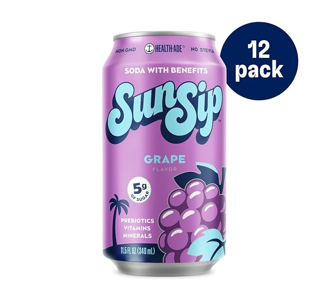 SunSip Prebiotic Soda by Health-Ade, Gut-Healthy Beverage, Soda Swap, Vitamins & Minerals, Naturally Sweetened with 6g of Sugar, Grape, 11.5 oz (12 Pack)