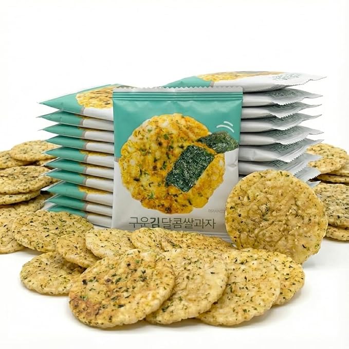 Baked Seaweed Sweet Rice Crackers, Korean Rice Snack with Roasted, Individually Wrapped, Light & Crunchy Snack (Seaweed Round (0.32 oz) - 40 Packs)