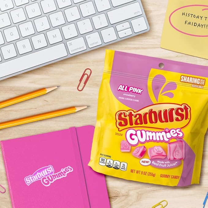 STARBURST Gummies All Pink Gummy Candy Strawberry Flavored Chewy Snacks Bulk, Sharing Size, 9 oz Candy Bags (Pack of 8) for Pink Buffets, Party Favors, and More