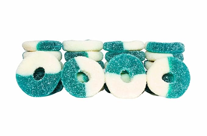 Blue Raspberry Flavored Gummy Rings -Fresh, Soft, and Chewy Sugar Dusted Gourmet Candy Ring Blue Gummies (2 Pound)
