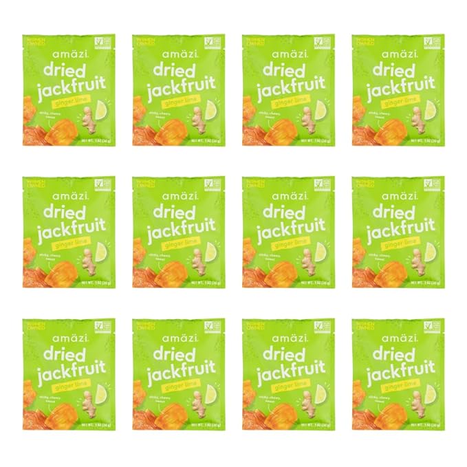 Amäzi Foods | Ginger Lime Dried Jackfruit (12 Pack) | All Natural Mini Travel Snacks | Gluten Free Healthy Dried Fruit Snacks