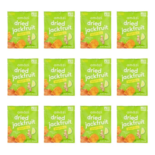 Amäzi Foods | Ginger Lime Dried Jackfruit (12 Pack) | All Natural Mini Travel Snacks | Gluten Free Healthy Dried Fruit Snacks
