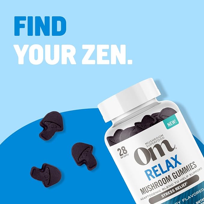 OM MUSHROOM SUPERFOOD Relax Gummies – USA Grown Organic Reishi & Ashwagandha – Supports Stress Relief, Relaxation & Mood Support – Blueberry Flavor – 28 Servings, 56 Count.