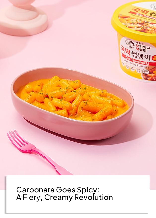 Korean Food Cooktok Cup Tteokbokki (Spicy Carbonara, 4Cups) All in one, Instant Tteokbokki, Rice Cakes and Seasoning Powders, Quick and Easy to Prepare, Ready in minutes 추억의 국민학교 떡볶이