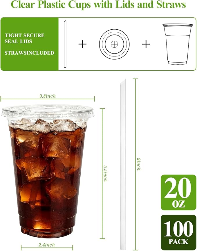Goodluck 100 Pack 20oz Plastic Cups with Lids and Straws, Clear Disposable Iced Coffee Cups, Food Safe Cold Drink Cups for Bubble Tea, Smoothies & Shakes, BPA Free
