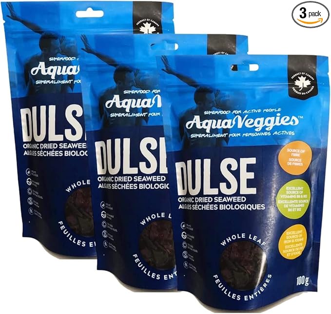 Aqua Veggies Organic Atlantic Dulse Whole Leaf – Hand-Harvested & Sun-Dried from Bay of Fundy – Rich in Iodine, B6, B12, Iron, Protein, Calcium & Magnesium – Vegan Superfood (3.5 Ounce (Pack of 3))