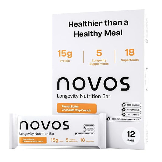 Novos Longevity Protein Bar - Peanut Butter - 15g Protein, 5 Longevity supplements, 20 Superfoods, Organic Olive Oil, Seed Oil Free, Targets Causes of Aging, Skin, Mind and Mood Support, 12-Pack