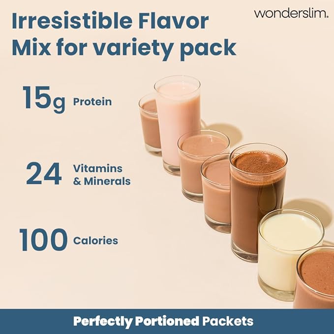 WonderSlim Meal Replacement Shake, Variety Pack, 15g Protein, 24 Vitamins & Minerals, Gluten Free (7ct)
