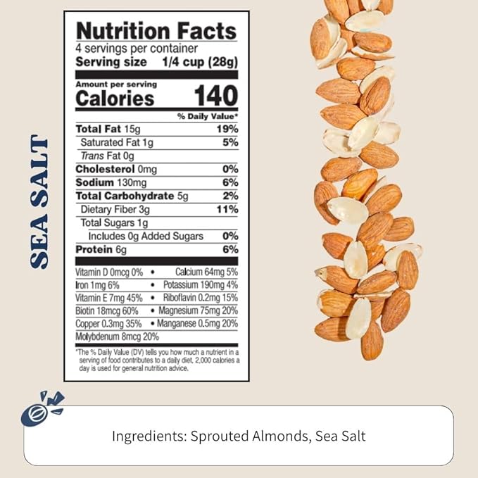 Daily Crunch Sprouted Almonds and Dehydrated Nuts for a Unique Crunch, Keto Friendly, Non-GMO Zero Seed Oils, Gluten Free, 4oz (2 Pack, Sea Salt)