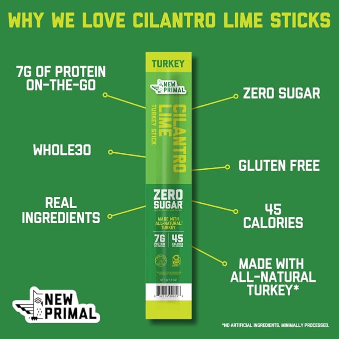 New Primal Cilantro Lime Turkey Sticks, Keto, Gluten Free Healthy Snacks for Adults, Sugar Free Low Carb High Protein, Paleo Whole30 Jerky Meat Stick, 7g Protein, 45 Calories, 1oz (Pack of 20)