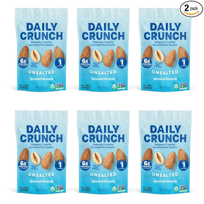 Daily Crunch Sprouted Almonds and Dehydrated nuts for a Unique Crunch, Keto Friendly, Non-GMO Zero Seed Oils, Gluten Free 4oz (6 Pack, Original)