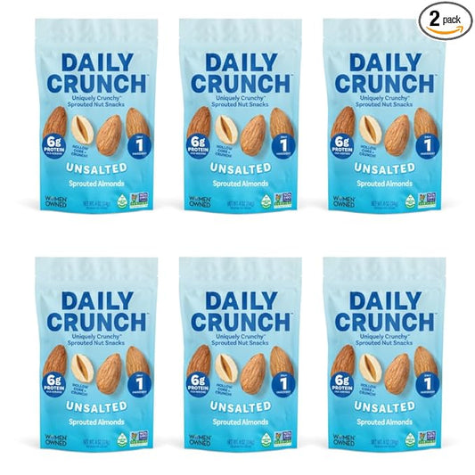 Daily Crunch Sprouted Almonds and Dehydrated nuts for a Unique Crunch, Keto Friendly, Non-GMO Zero Seed Oils, Gluten Free 4oz (6 Pack, Original)