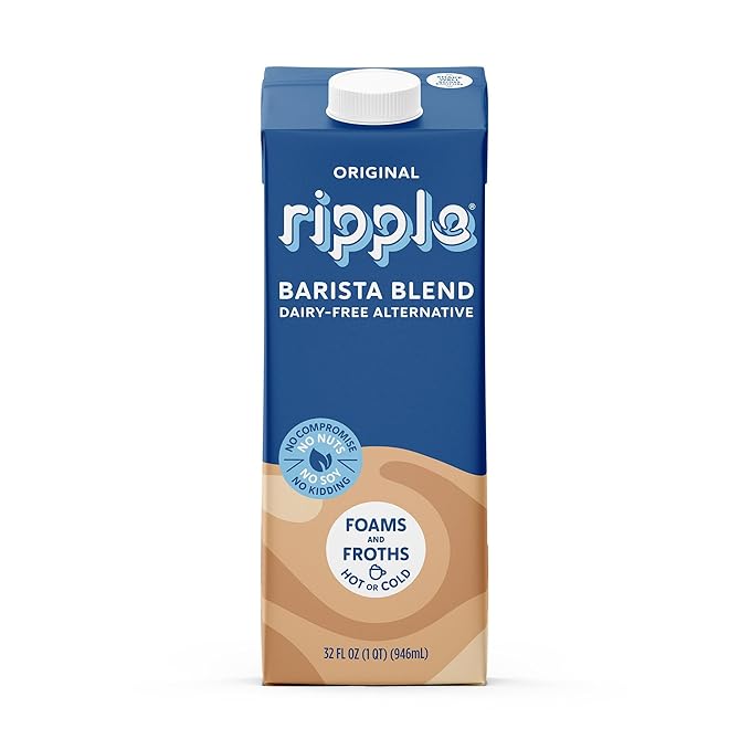Ripple 32 oz Plant Based Milk 8g of Quality Sourced Pea Protein, Calcium Rich | Shelf Stable | Vegan & Non GMO Certified | Dairy, Soy, Nut, Gluten, & Lactose Free (Pack of 6) (32 Fl Oz (Pack of 6), Barista)