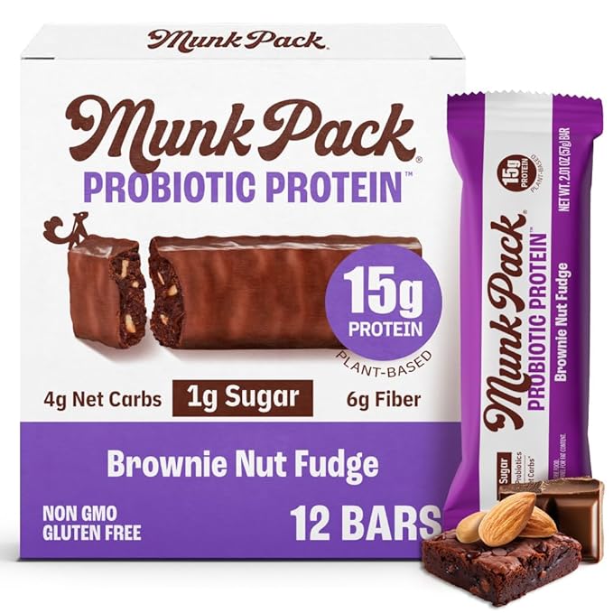 Munk Pack Brownie Nut Fudge Keto Protein Bars | 15g Protein, 1g Sugar, 4g Net Carbs | Vegan, Plant-Based Snacks for Gut Health | 12 Count