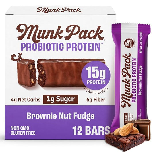 Munk Pack Brownie Nut Fudge Keto Protein Bars | 15g Protein, 1g Sugar, 4g Net Carbs | Vegan, Plant-Based Snacks for Gut Health | 12 Count