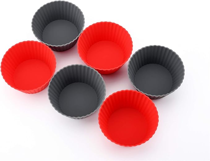 Mirenlife 12 Pack Reusable Nonstick Jumbo Silicone Baking Cups, Cupcake and Muffin Liners, 3.8 Inch Large Size, Red and Gray Colors, Round