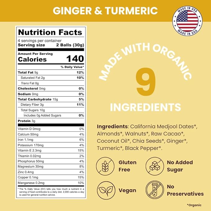 Jools Healthy Snacks for Adults | Functional Energy Bites, Plant-Based Superfood Snack Made with Medjool Dates, Ginger & Turmeric | No Added Sugar, Non-GMO, Gluten Free, Soy Free, Kosher, Vegan | 3 × 4oz Pouches