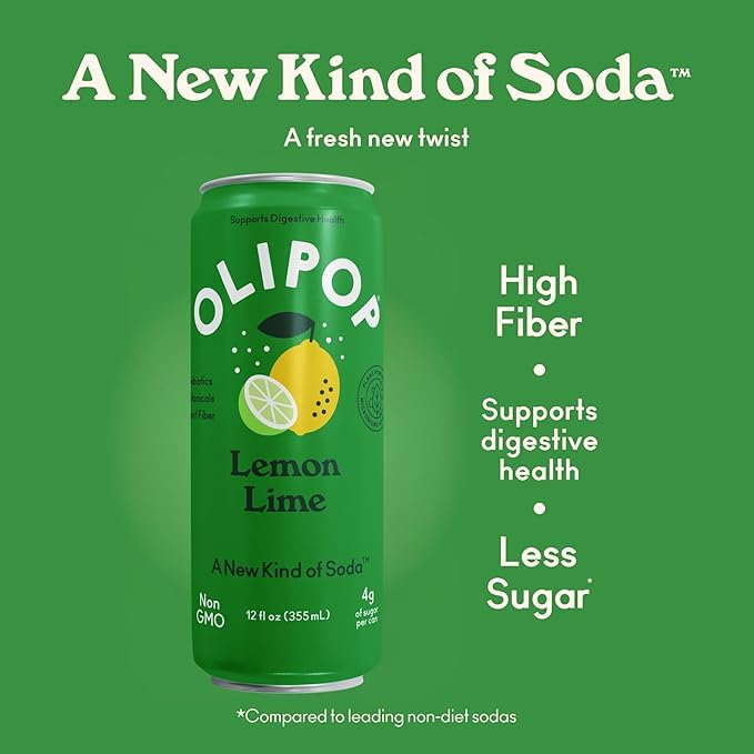 OLIPOP Prebiotic Soda Pop, Lemon Lime, Pantry Pack Packed with Prebiotics, Fiber, and Botanicals, Gluten Free, Vegan, GMO Free, 12oz Skinny (12-Cans)