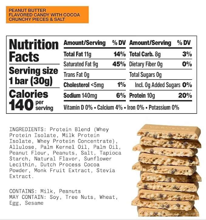 Hormbles Chormbles Protein Candy Bars, Peanut Butter, 10g Protein, 0g Sugar, 140 Calories, Peanut Butter Candy With Cocoa Crunchy Pieces, Sugar Free Snacks or Dessert, 1.06 Oz, 12 Pack