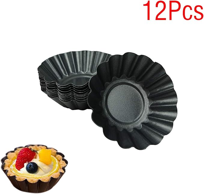 Proshopping 12 Pack Egg Tart Pan, Non-stick Carbon Steel Tartlet Tins, Mini Pie Mould, Muffin Cupcake Pudding Baking Cup Maker - for Pies, Chinese Egg Tart, Cakes (Big Size 3"x 0.9")