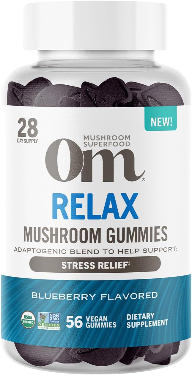 OM MUSHROOM SUPERFOOD Relax Gummies – USA Grown Organic Reishi & Ashwagandha – Supports Stress Relief, Relaxation & Mood Support – Blueberry Flavor – 28 Servings, 56 Count.