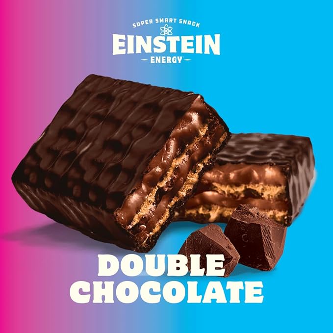 Einstein Energy Smart Snack Bars - Double Chocolate Healthy Snacks Protein, Real Milk Chocolate, Lion's Mane, Green Tea Extract, Caffeine, Citicoline, & L-Theanine, 100% Whole Wheat Wafer - 18 ct